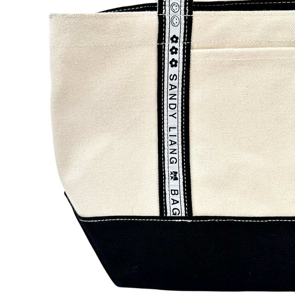 [sold] Sandy Liang x BAGGU Cream Black Canvas Small Shoulder Boat Tote Bag - Picture 3 of 11